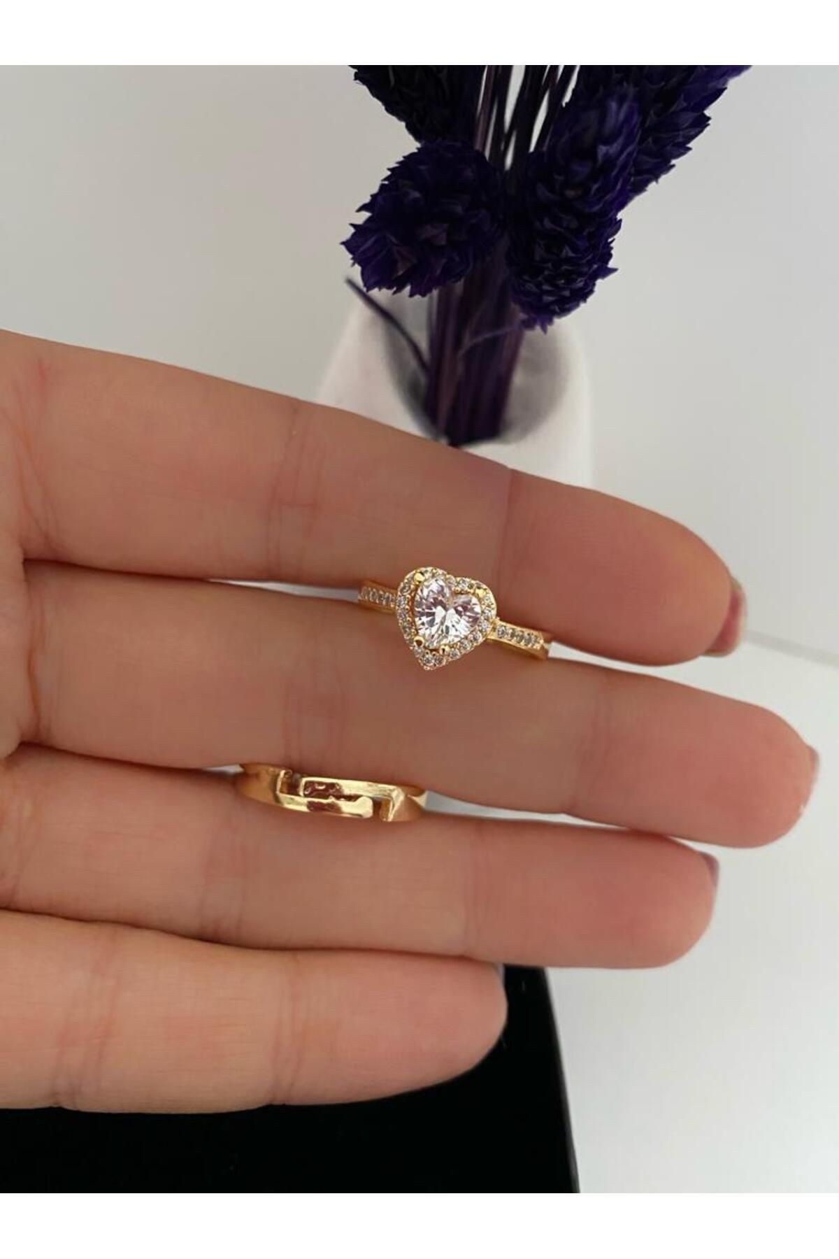 gold renk Zirkon taşlı ayarlanabilir kalpli yüzük