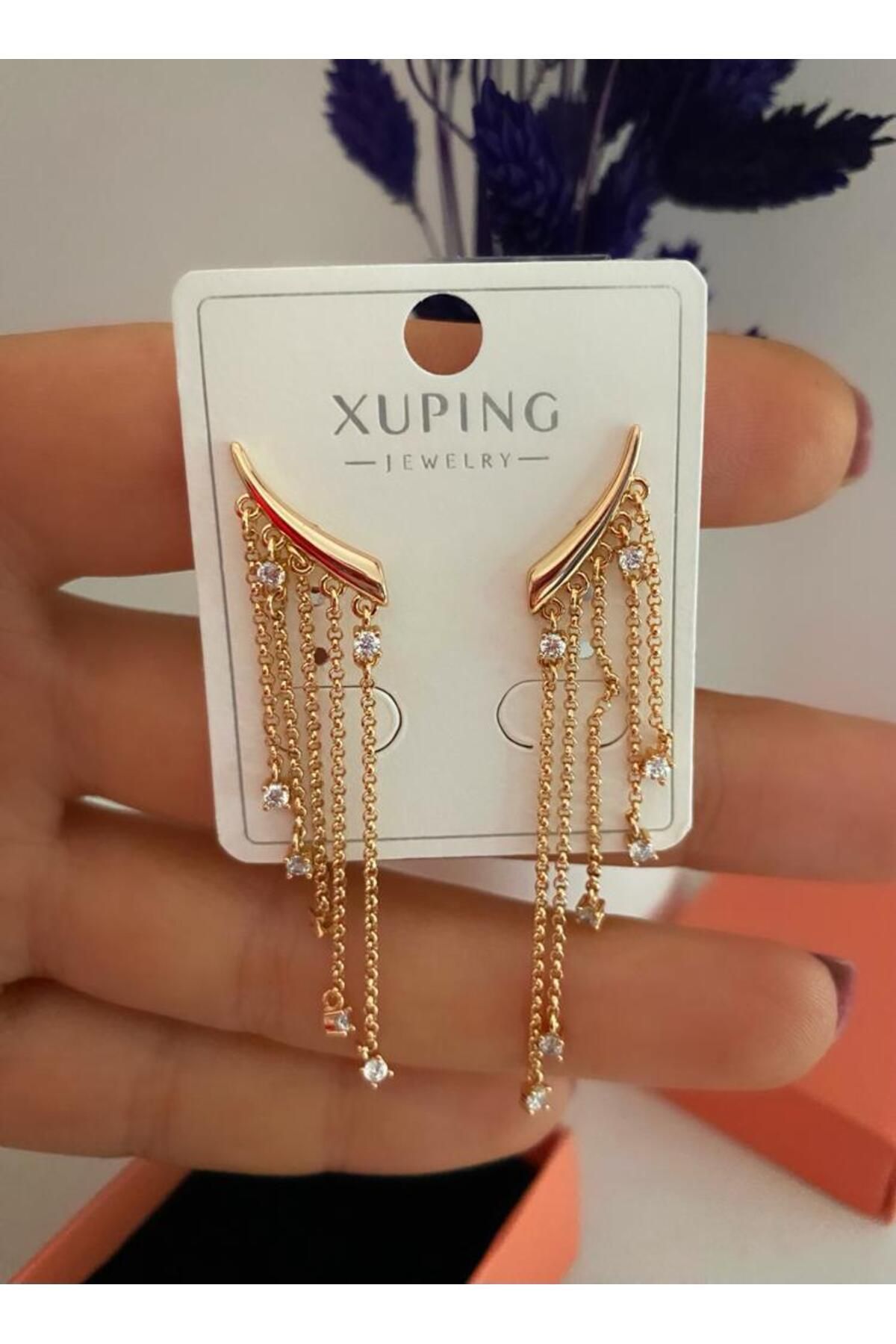 vip seri kararmaz xuping zirkon taşlı zincirli küpe