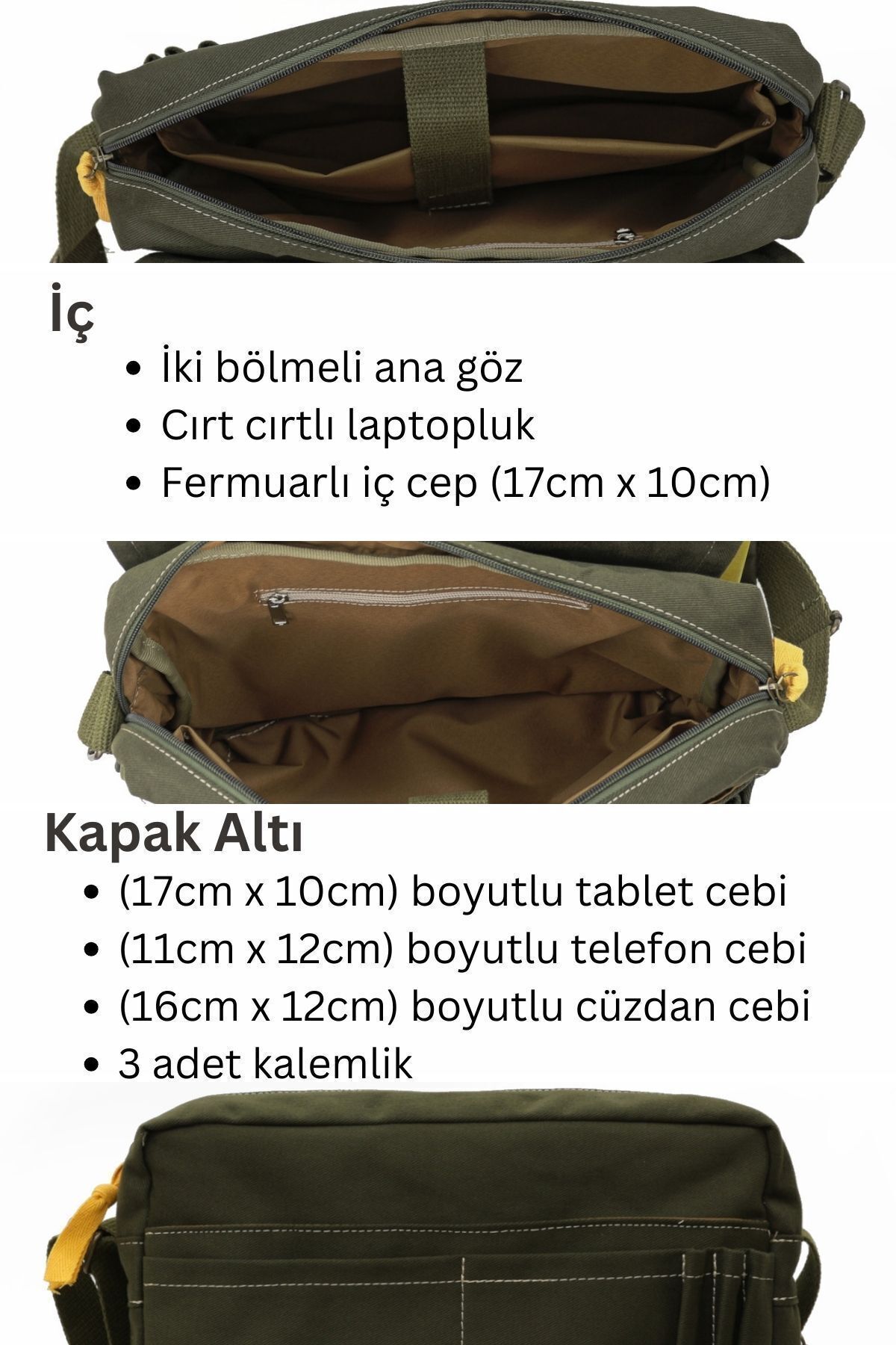Cappadocia Vintage 4009 Ephesus Salaş Omuz Postacı Haki Yeşil 15.6 inç Laptop Okul Seyahat Günlük Vintage Pamuk Çanta görsel 3