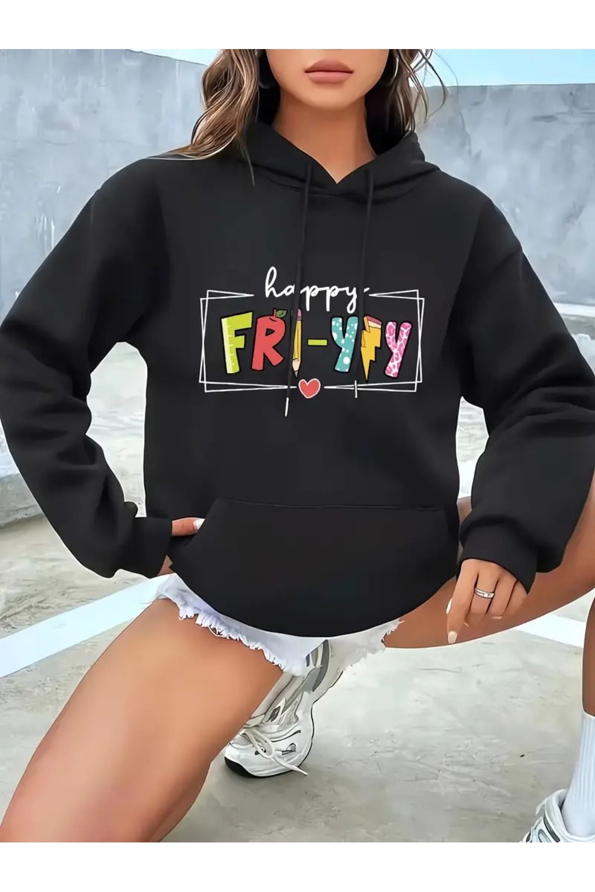 PALPİTO Hanorac Negru Pentru Femei Cu Imprimeu Happy Fri - Hanorac Cu Glugă Cu 3 Fire Femeie - L