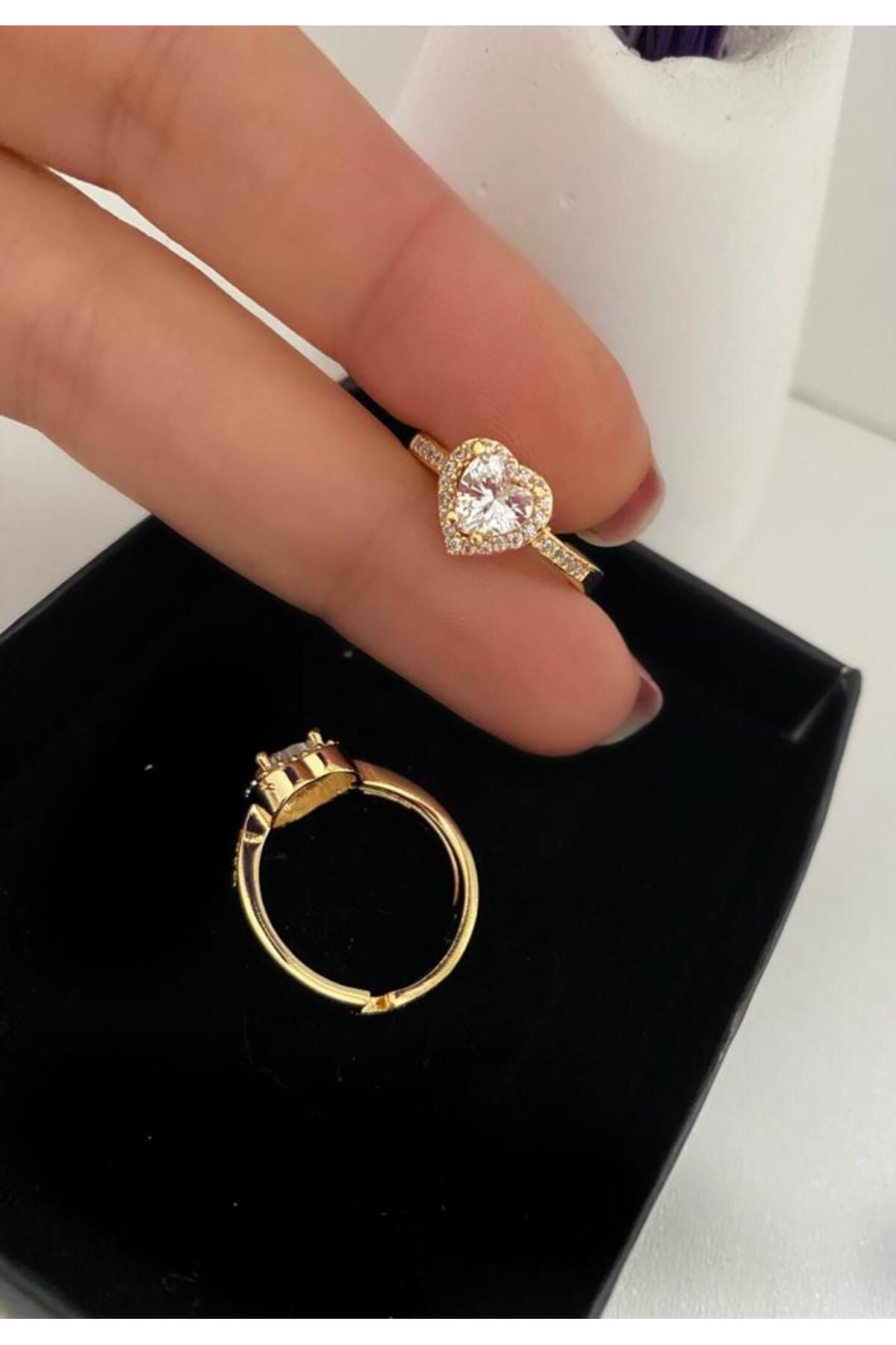 gold renk Zirkon taşlı ayarlanabilir kalpli yüzük