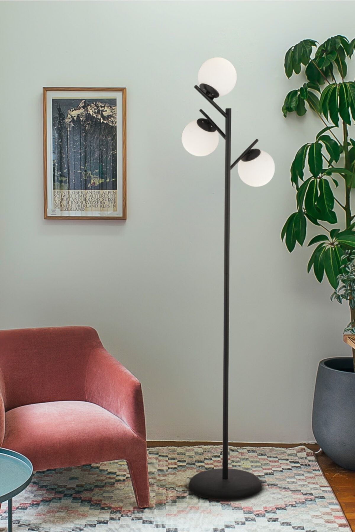 Renji 3Lü Siyah Boyalı Beyaz Camlı Modern Tasarım Metal Lambader