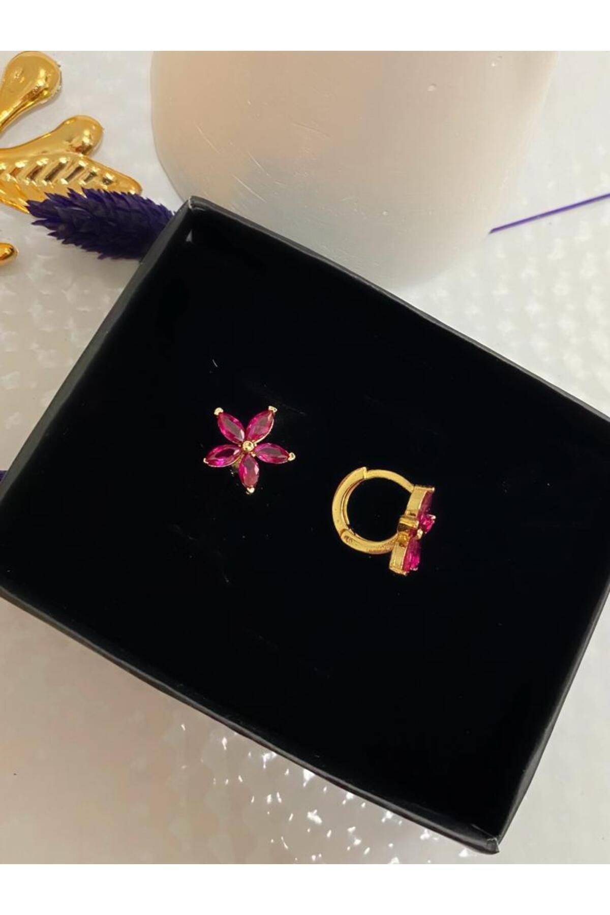 gold renk rodyum kaplama zirkon taşlı çiçek model halka küpe