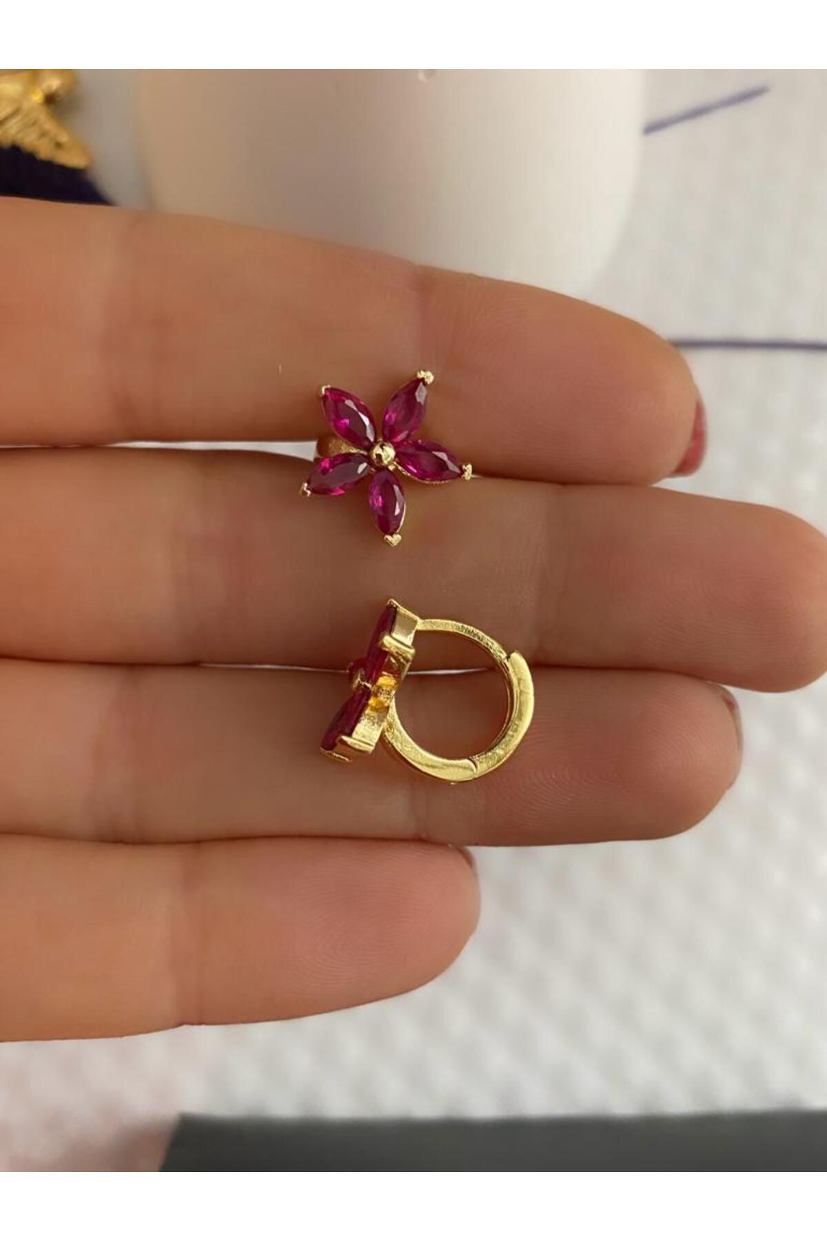 gold renk rodyum kaplama zirkon taşlı çiçek model halka küpe