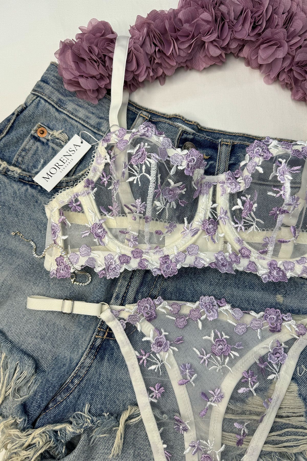 Morensa  Mor Çiçek Desenli Balenli Sütyen Takım Beyaz - Görsel 3
