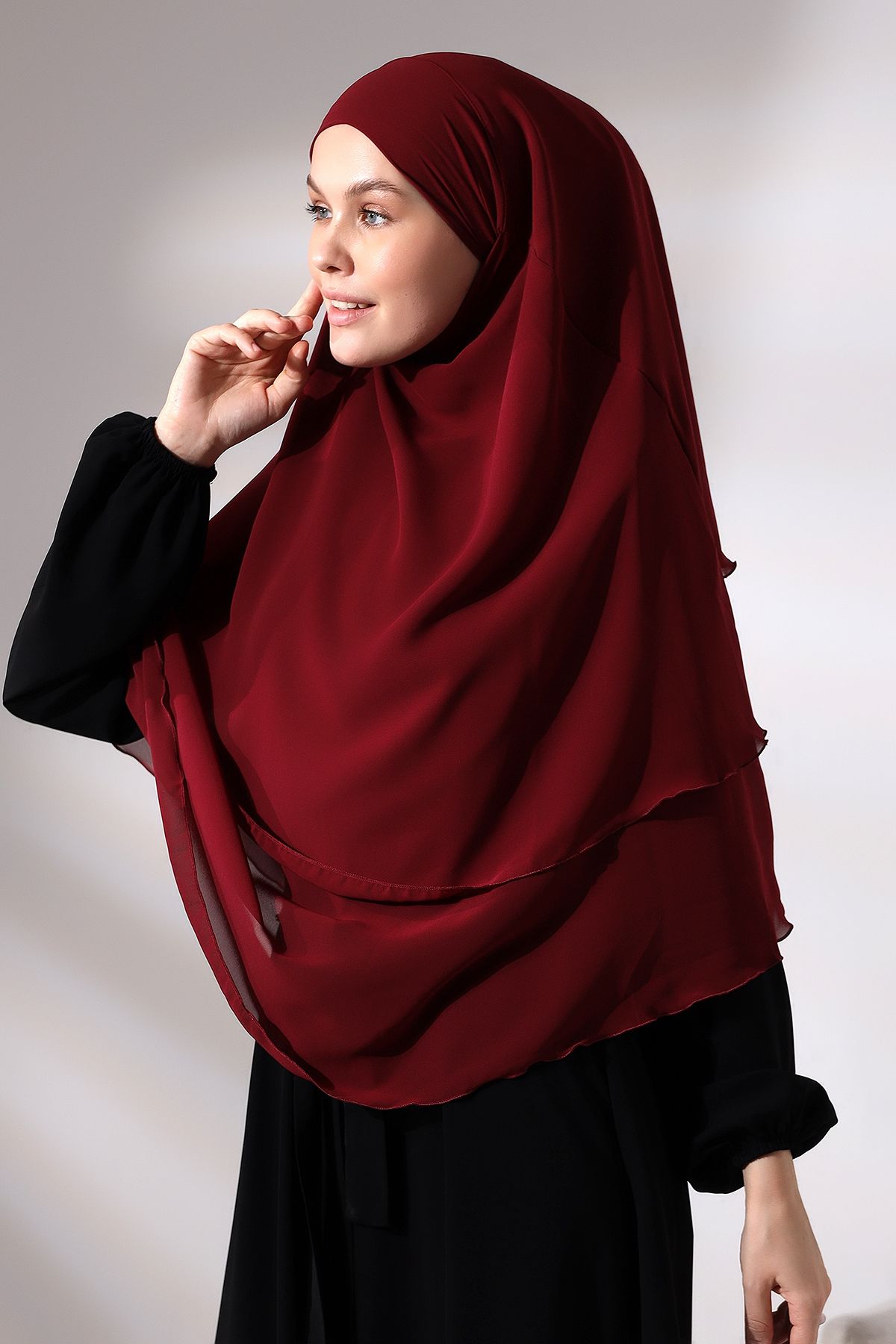 ihvanonline-Claret Red Veiled Chiffon Hijab Souffle Scarf - Three-Layer Short Design 3