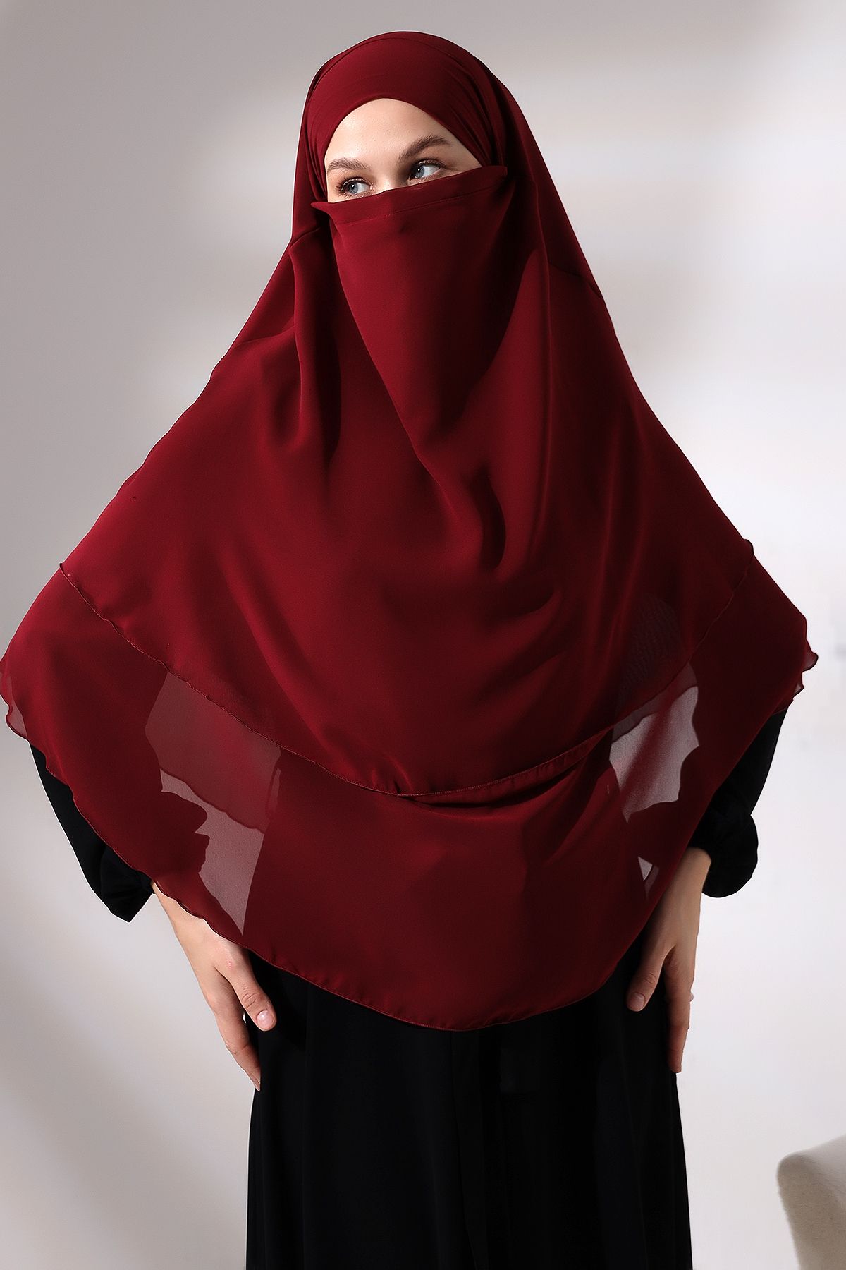ihvanonline-Claret Red Veiled Chiffon Hijab Souffle Scarf - Three-Layer Short Design 4