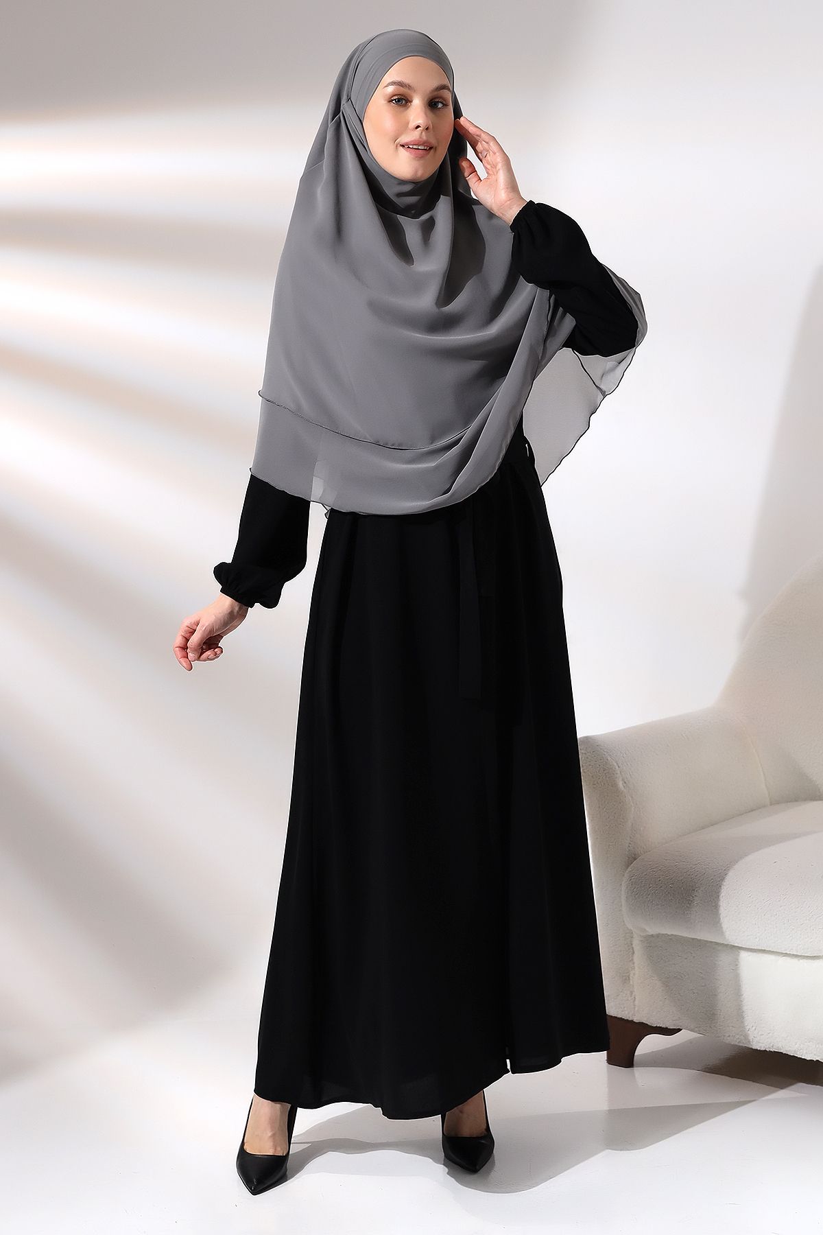 ihvanonline-Gray Three Layer with Veil Short Chiffon Hijab Souffle Scarf 5