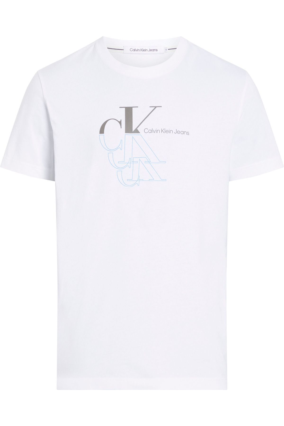 تی شرت سفید مردانه یقه دوچرخه پنبه ارگانیک با آرم آستین کوتاه J30J325352 Affama Calvin Klein