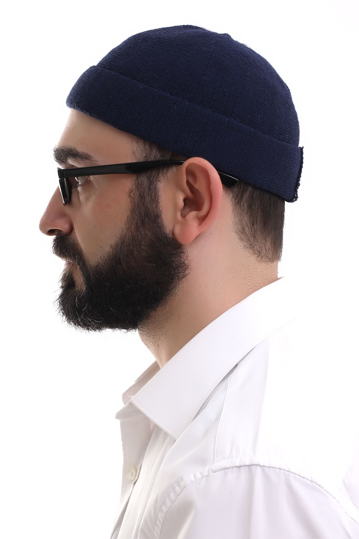 ihvanonline-Navy Blue Folded Simple Pattern Winter Orlon Skullcap Hat 3
