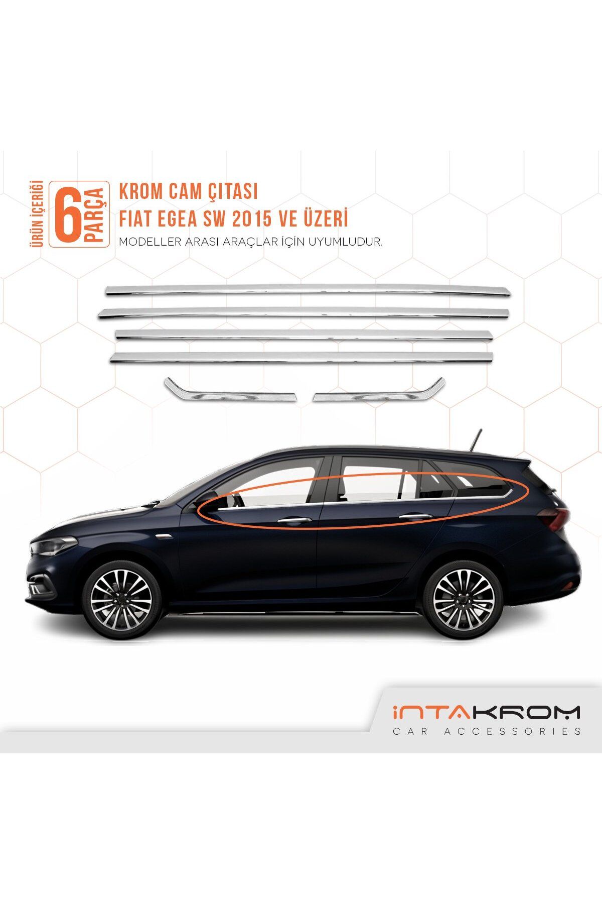 İntachrom Fiat Egea SW Krom Cam Çıtası 6 Parça 2015 ve Üzeri Paslanmaz Çelik