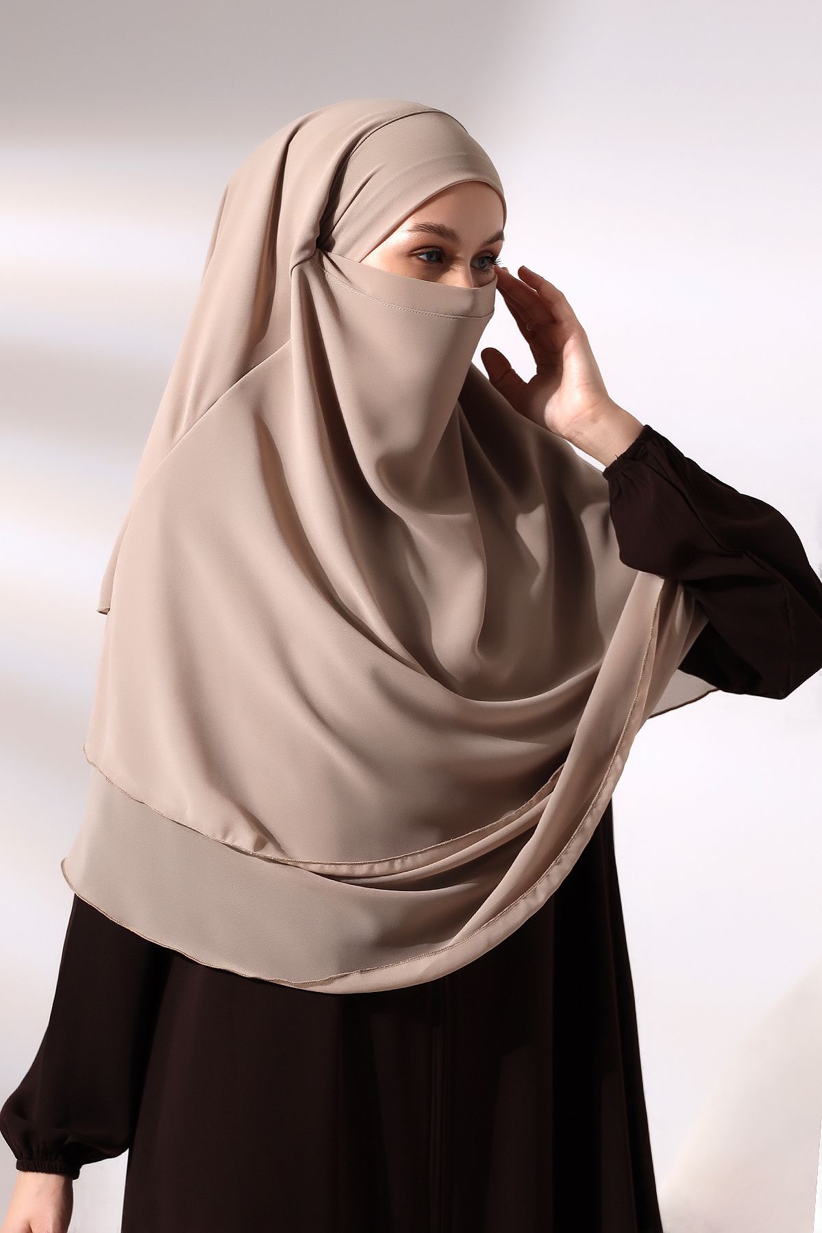 ihvanonline-Mink Three Layer with Veil Short Chiffon Hijab Souffle Scarf 2