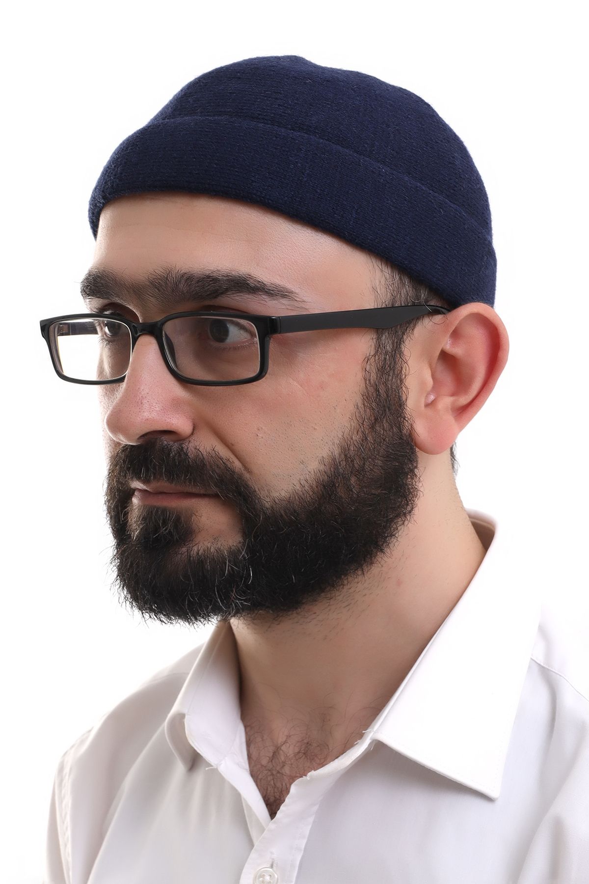 ihvanonline-Navy Blue Folded Simple Pattern Winter Orlon Skullcap Hat 1