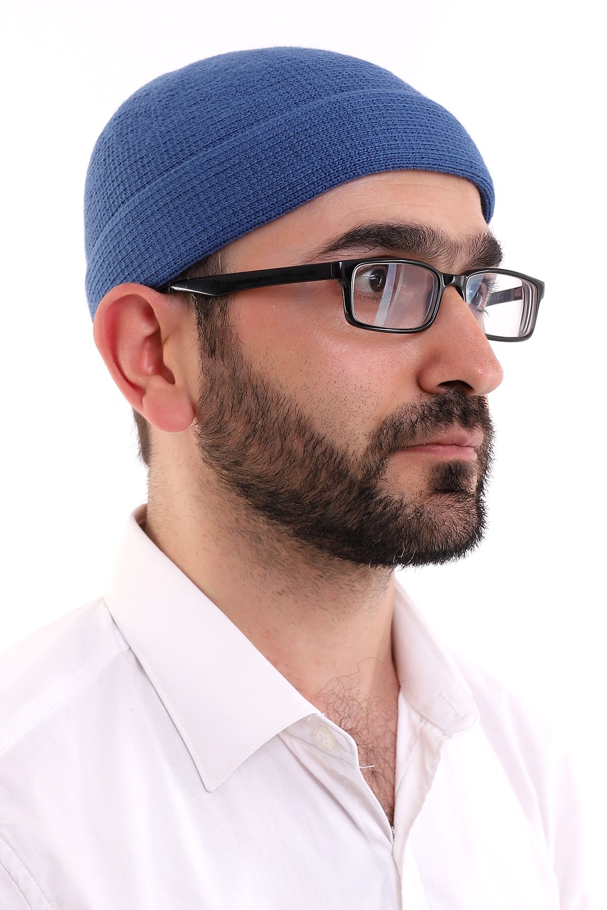 ihvanonline-Blue Folded Plain Pattern Winter Orlon Skullcap Hat 2