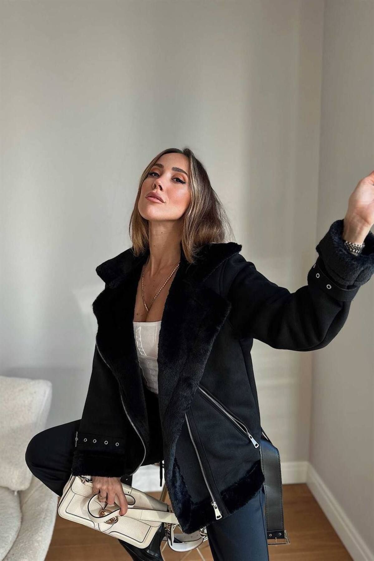 Afiş Butik-Wildledermantel mit Fell innen und Gürtel 4