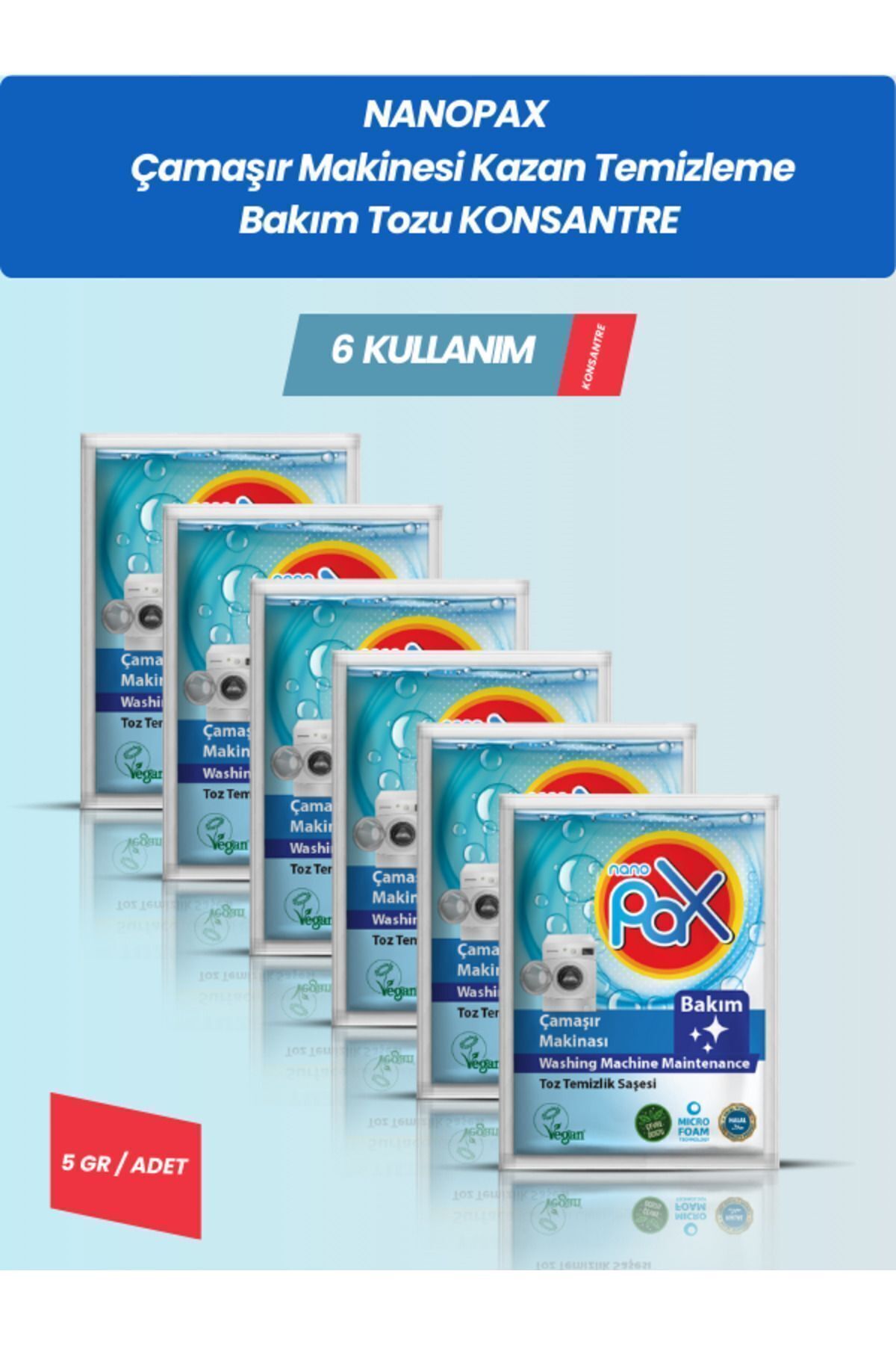NanoPax 6 Adet Çamaşır Makinesi Kazan Temizleme & Bakım Tozu. (6 X 5 GR) (4X ULTRA KONSANTRE)