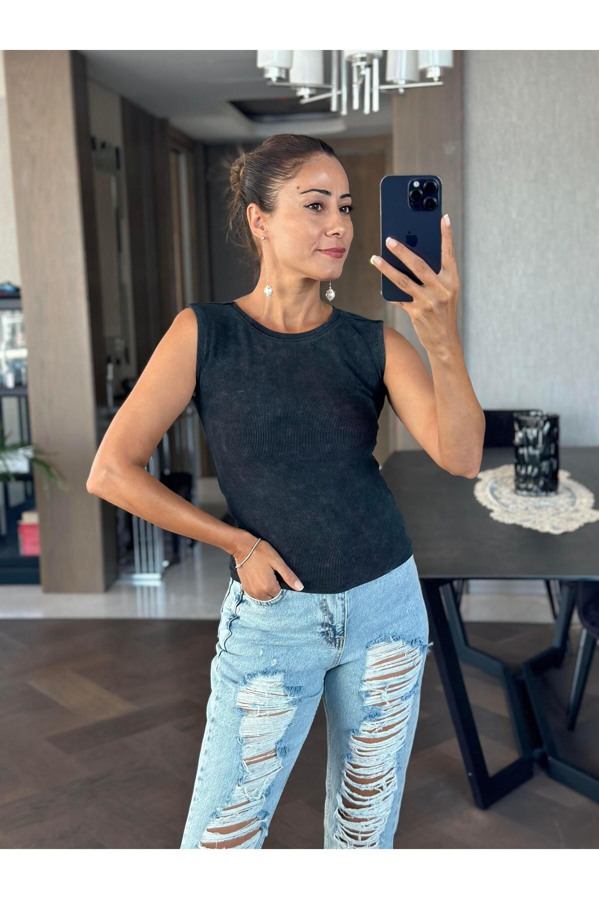 Forlady Butik Antrasit Sıfır Kol Bisiklet Yaka Yıkamalı Kaşkorse Kadın Body