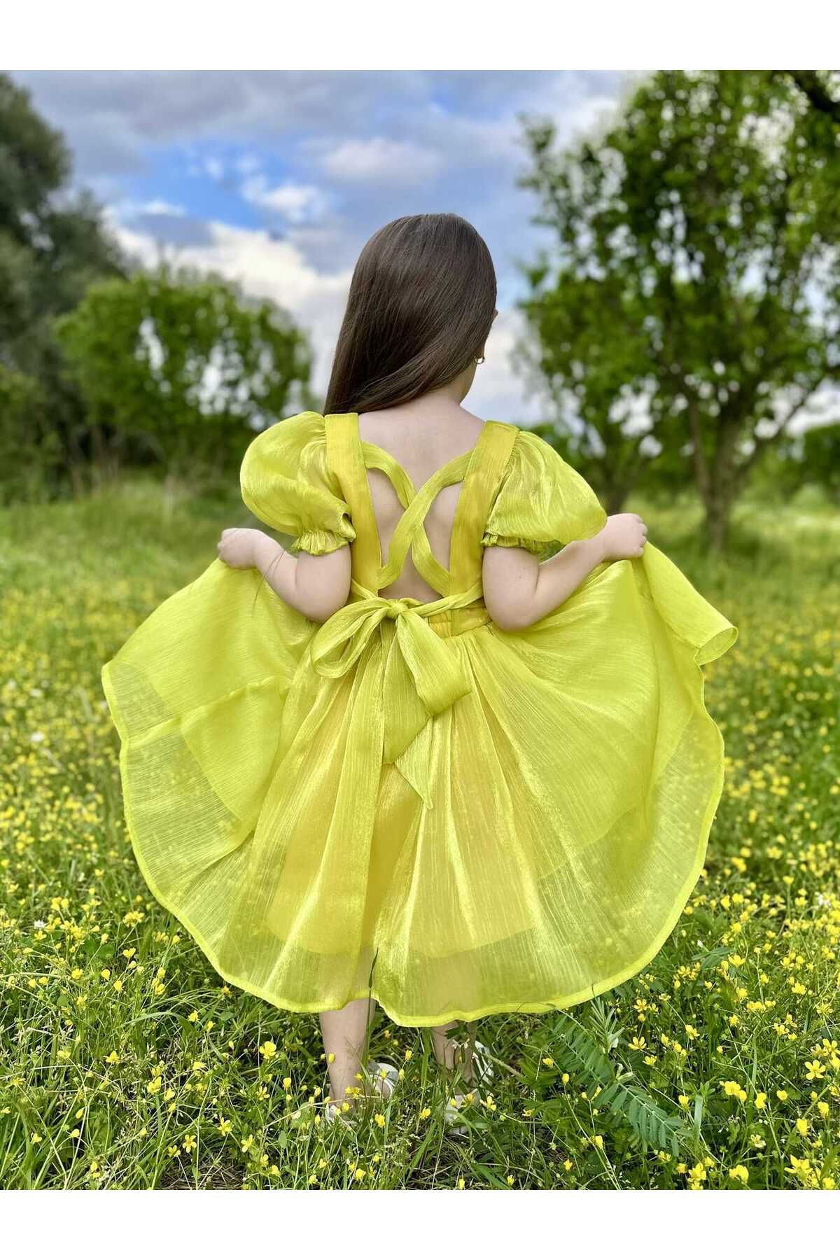 TRACCİA-Yellow Janjan Organza Cross Dress for Girl 6