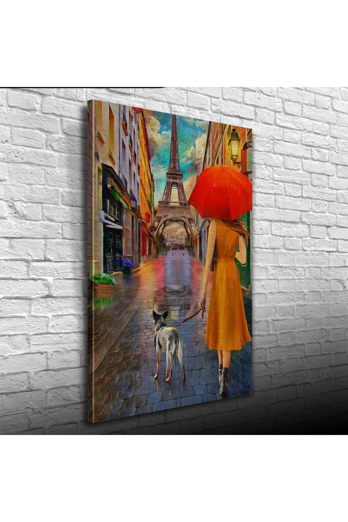 pazarella Eyfel Kulesi önünde Kırmızı Şemsiyeli Kadın Yağlıboya Kanvas Tablo 50 x 70