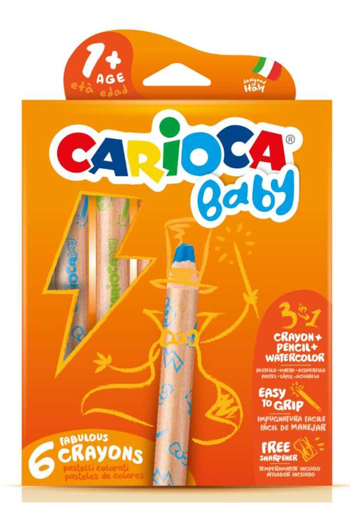 CARIOCA 3in1 Jumbo Bebek Ahşap Gövdeli Boya Kalemi 6'lı (KALEMTRAŞ HEDİYELİ)