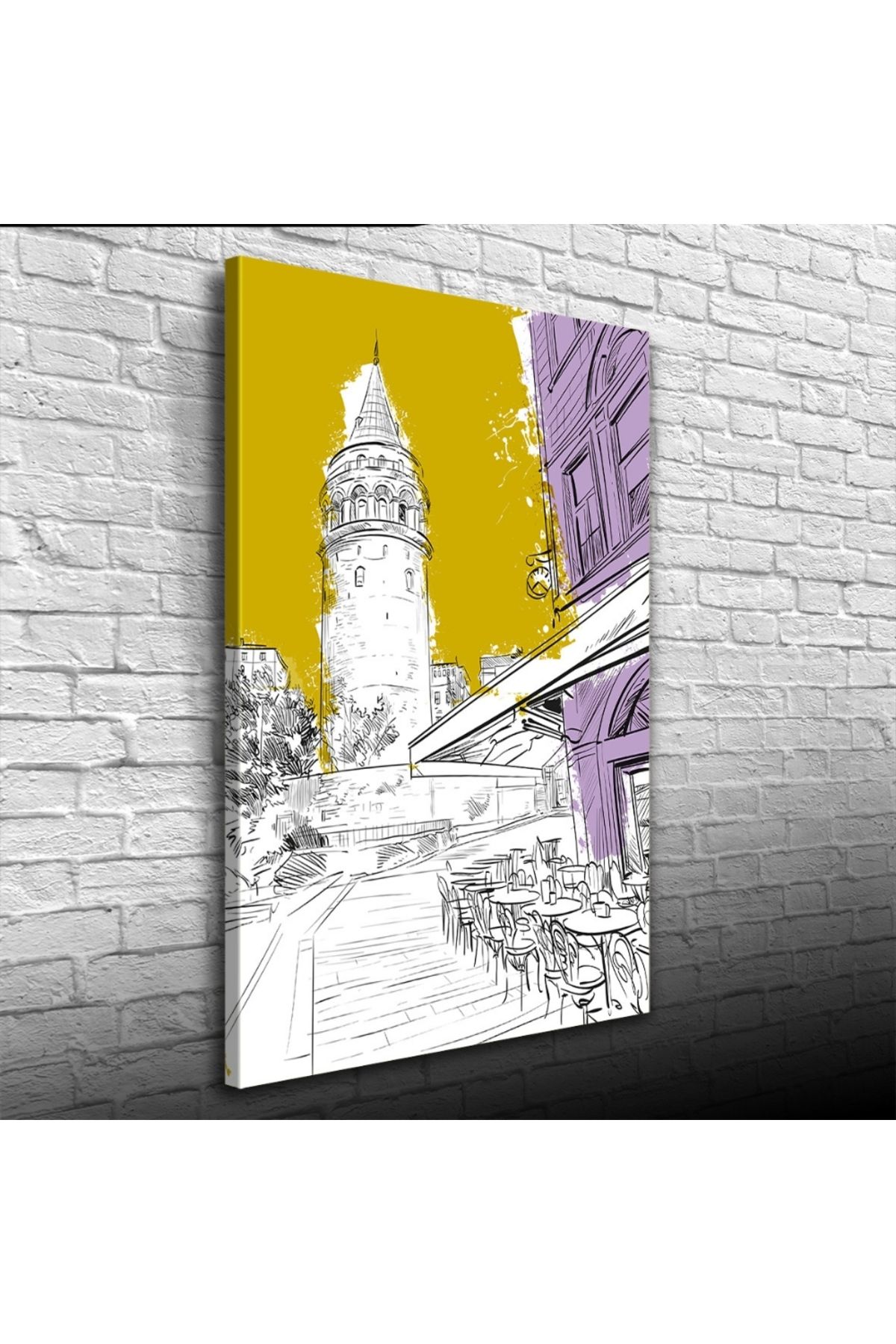 pazarella Sarı, Beyaz ve Mor Tonlarda Galata Kulesi ve kafe Görseli Kanvas Tablo 50 x 70