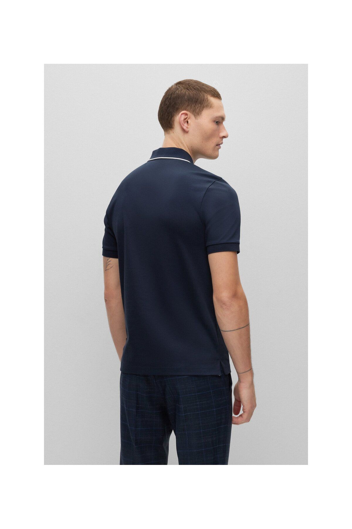 تی شرت یقه پولو آبی مردانه پنبه interlok ، زیپ برش باریک چوگان t shirt BOSS