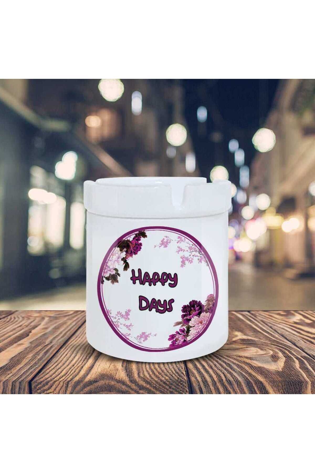 Asilmeydan Mor Çiçeklerle Happy Days Yazı Baskılı Küllük Kül Tablası -3014