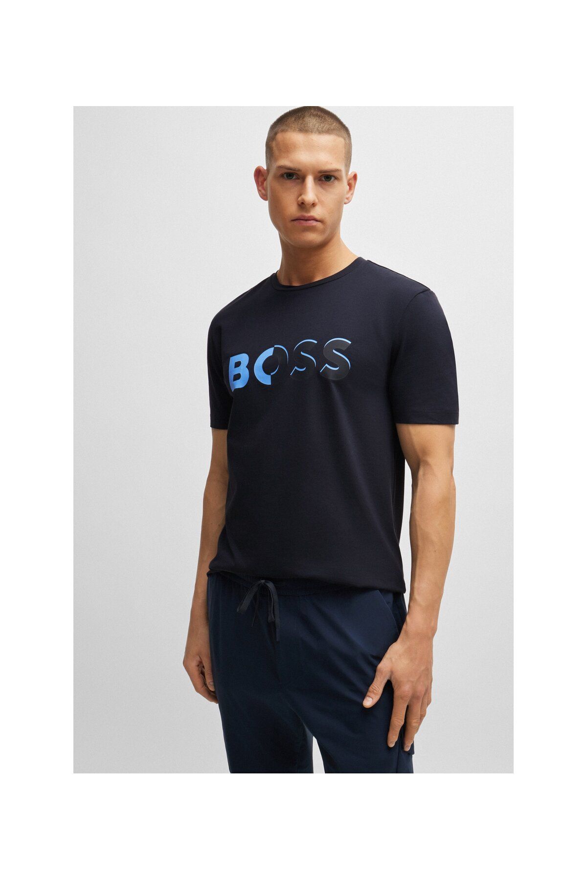 تی شرت مردانه لوگو نشان داده شده پنبه انعطاف پذیر دوتایی T SHIRT BOSS