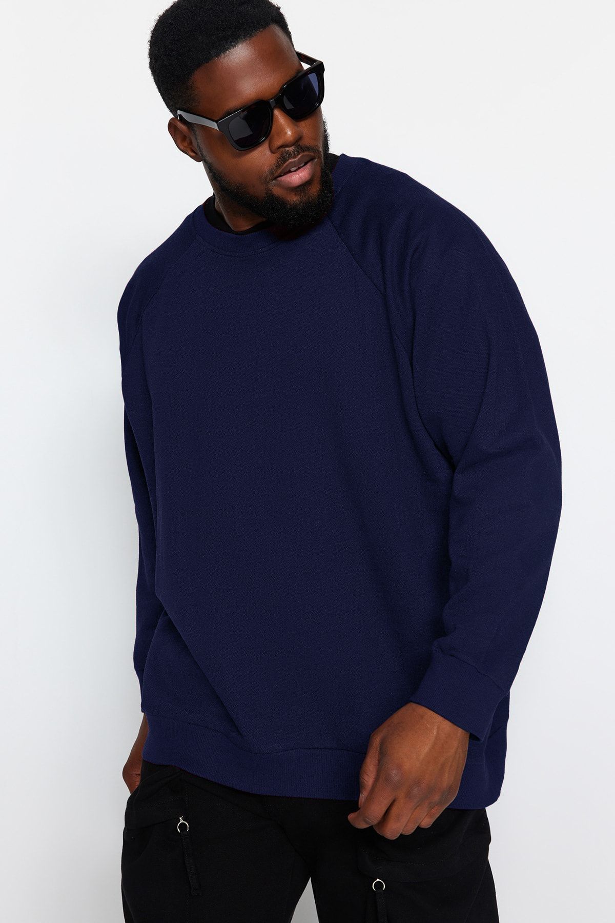 Trendyol Collection Granatowa Bluza Z Okrągłym Dekoltem I Szerokim Krojem, Plus Size, Polarowa Podszewka Tmnaw24ao00007 Mężczyzna - 3XL