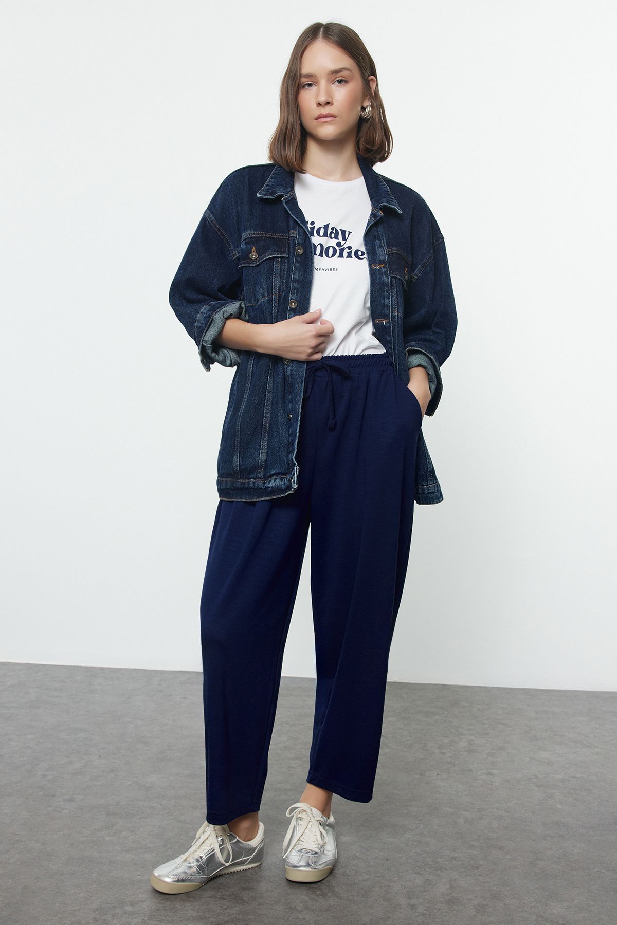 Trendyol Collection Granatowe, Miękkie W Dotyku, Kieszeniowe, Elastyczne, Dzianinowe Spodnie Dresowe Typu Kuloty Kobieta - XL