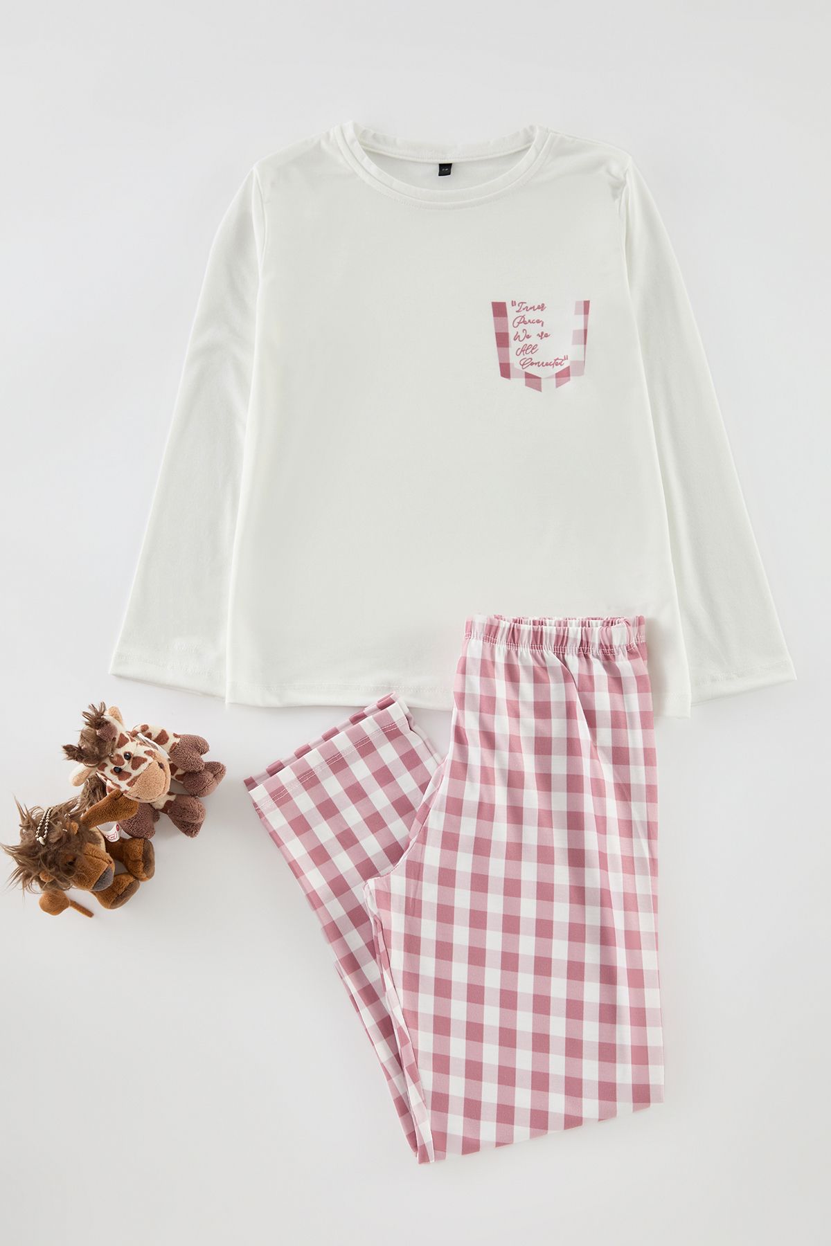 TRENDYOLKIDS-Ecru dívčí pyžamový set s potiskem Pletený vrchní a spodní set Tkdaw25Au00093 2