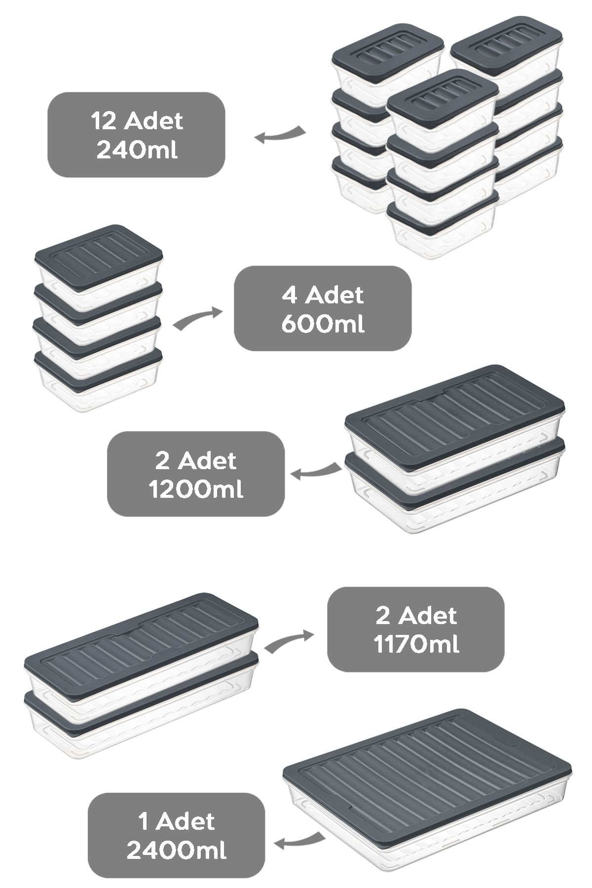 Meleni Home-21 Piece Anthracite Microwave Diffuser Convenient Storage Set -1X2400Ml 2X1170Ml 2X1200Ml 4X600Ml 12X240Ml 2