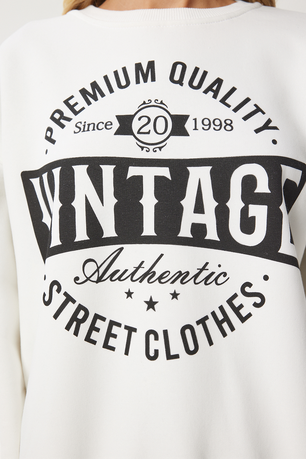 Happiness İstanbul  Kadın Ekru Baskılı Oversize Şardonlu Örme Sweatshirt KB00038 - Görsel 6