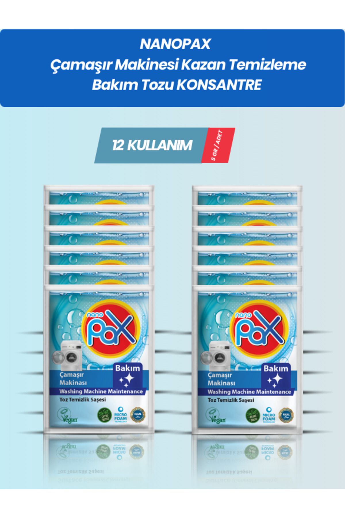 NanoPax 12 Adet Çamaşır Makinesi Kazan Temizleme & Bakım Tozu (12 X 5 GR)(4X ULTRA KONSANTRE)