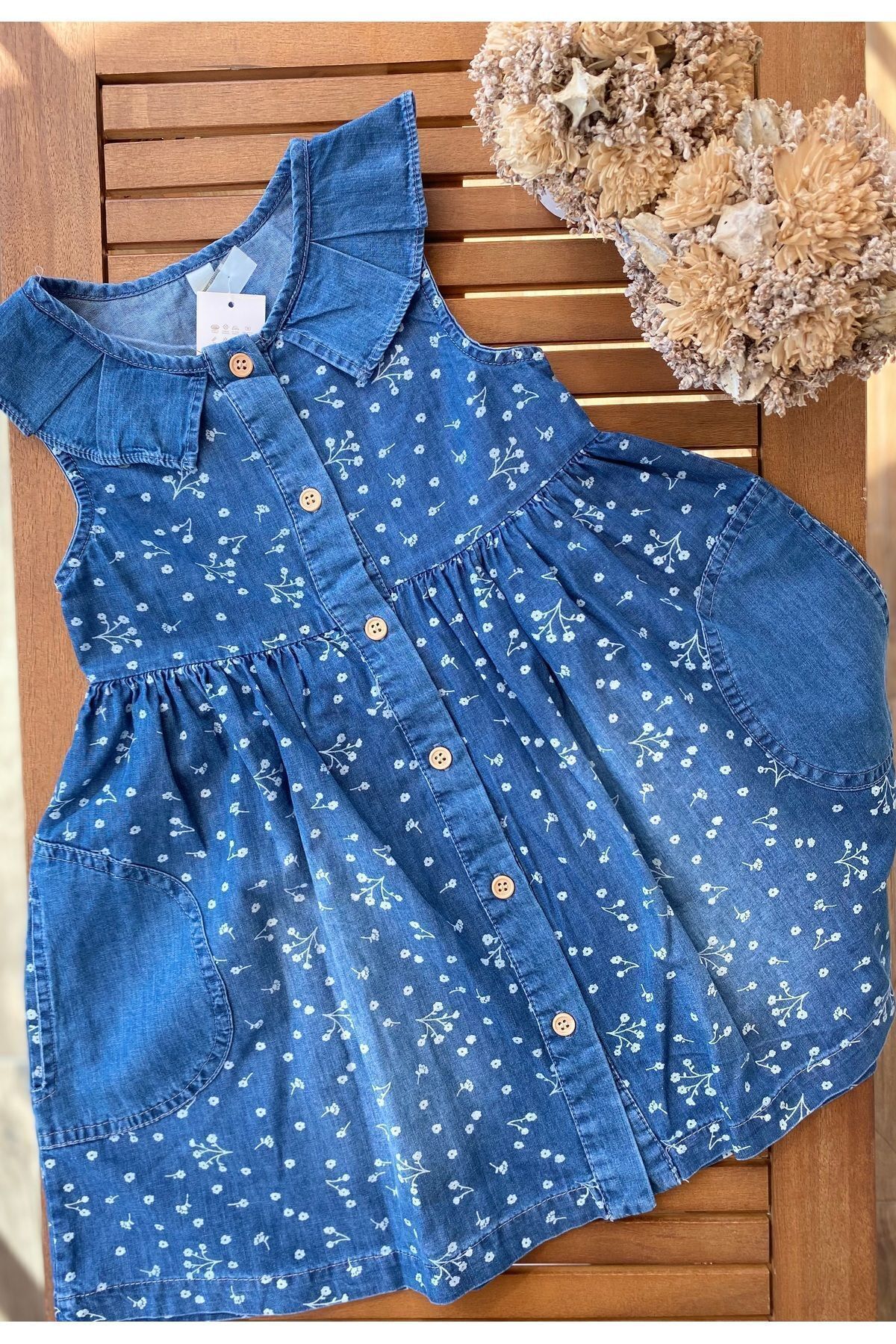 Baby BabyAden çiçek baskılı çift cepli kolsuz ince kot jile kız çocuk elbise fotoğrafı 2 (önizleme)