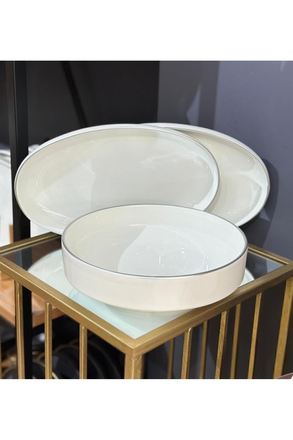 3'lü Modern Gümüş Salata Kayık Kase Seti