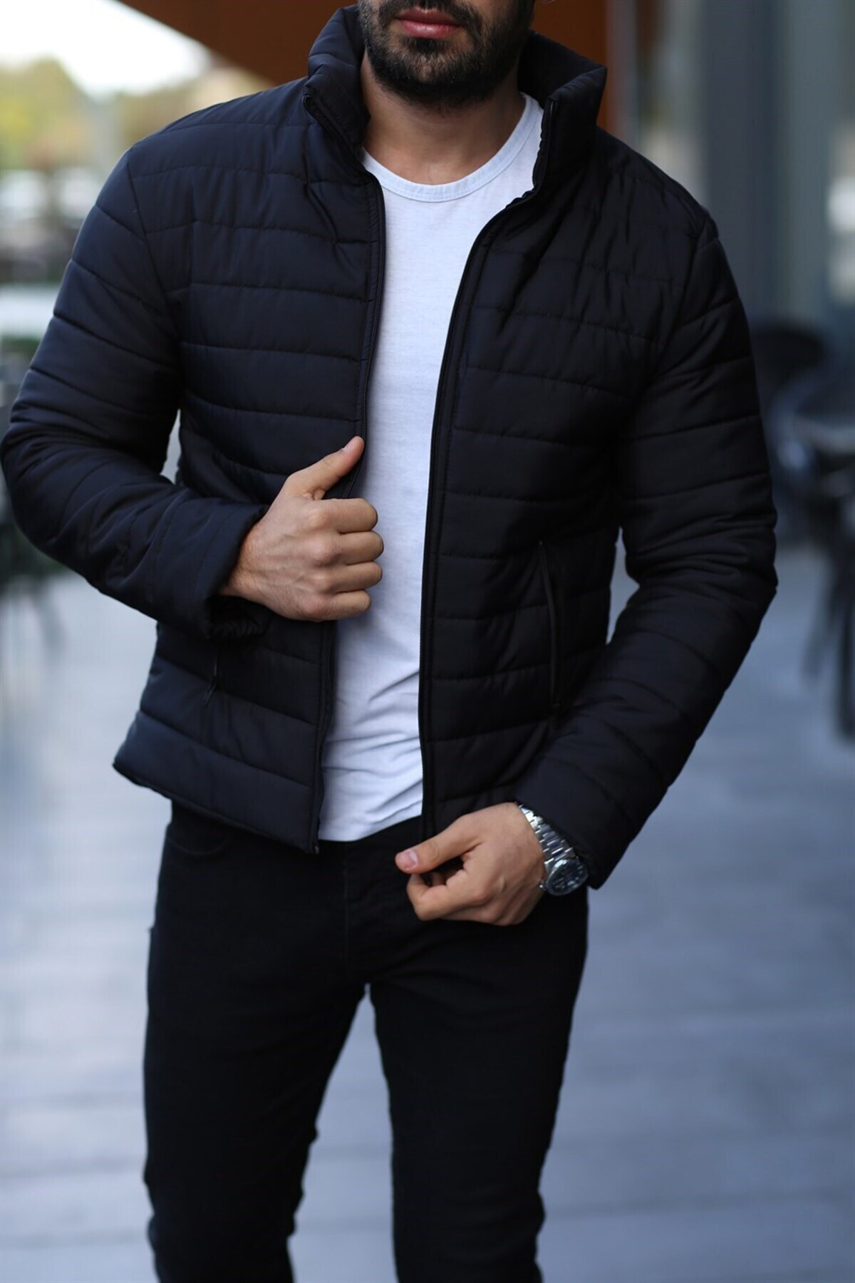 magko-Černý nafukovací lemovaný Slim Fit kabát 1
