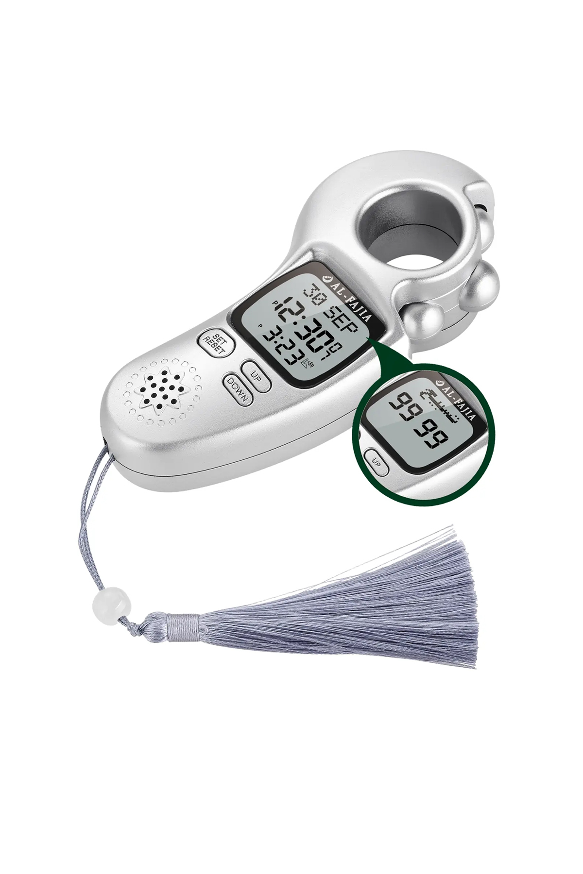 Al-Fajia Digital Meter Rosary with Luminous Scroll Reciting Athan Zikirmatik Silver