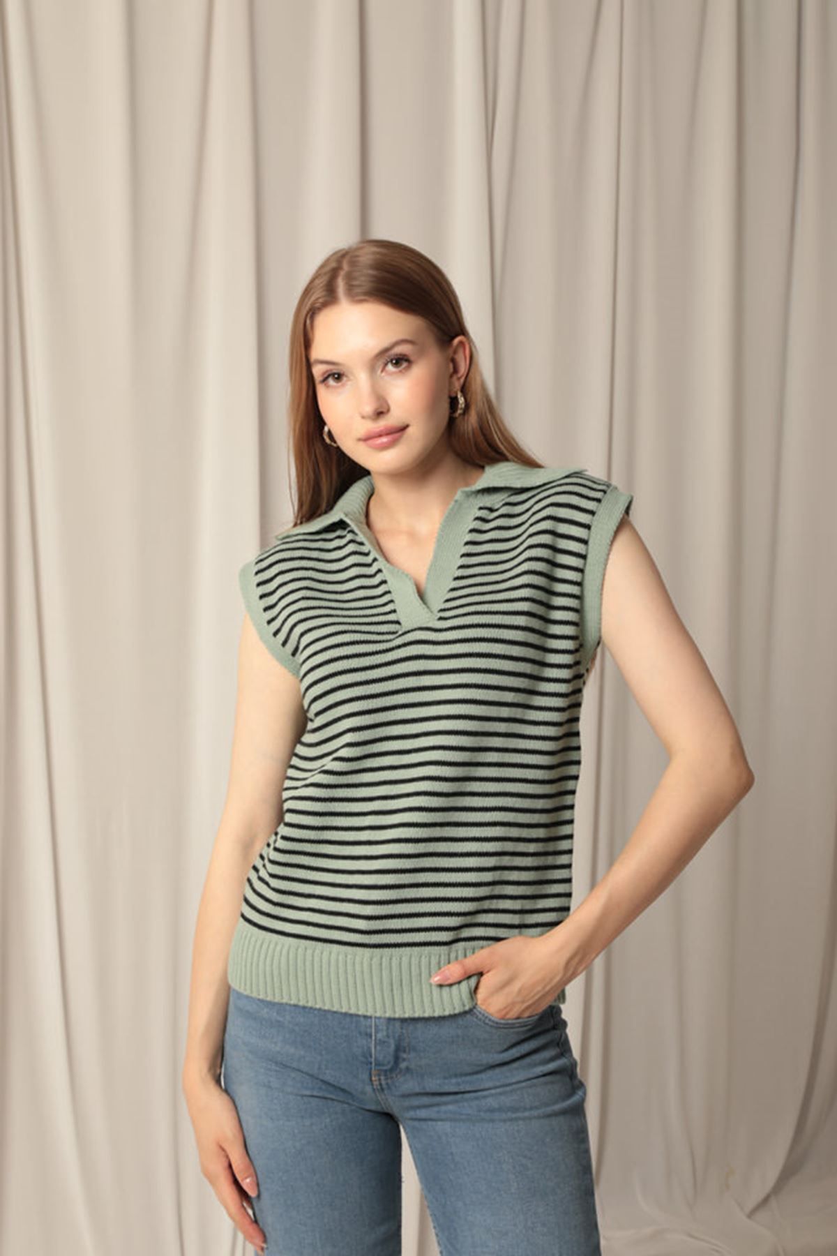Butik-Knitwear Fabric Striped Women's Mint Sweater 1