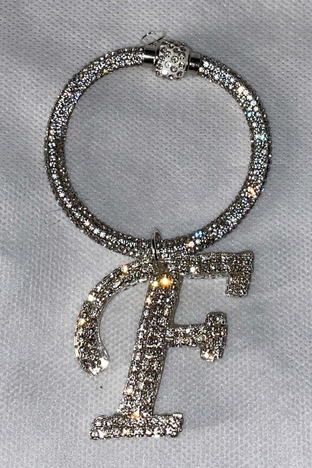 . Stone Bracelet Keychain with F Letter