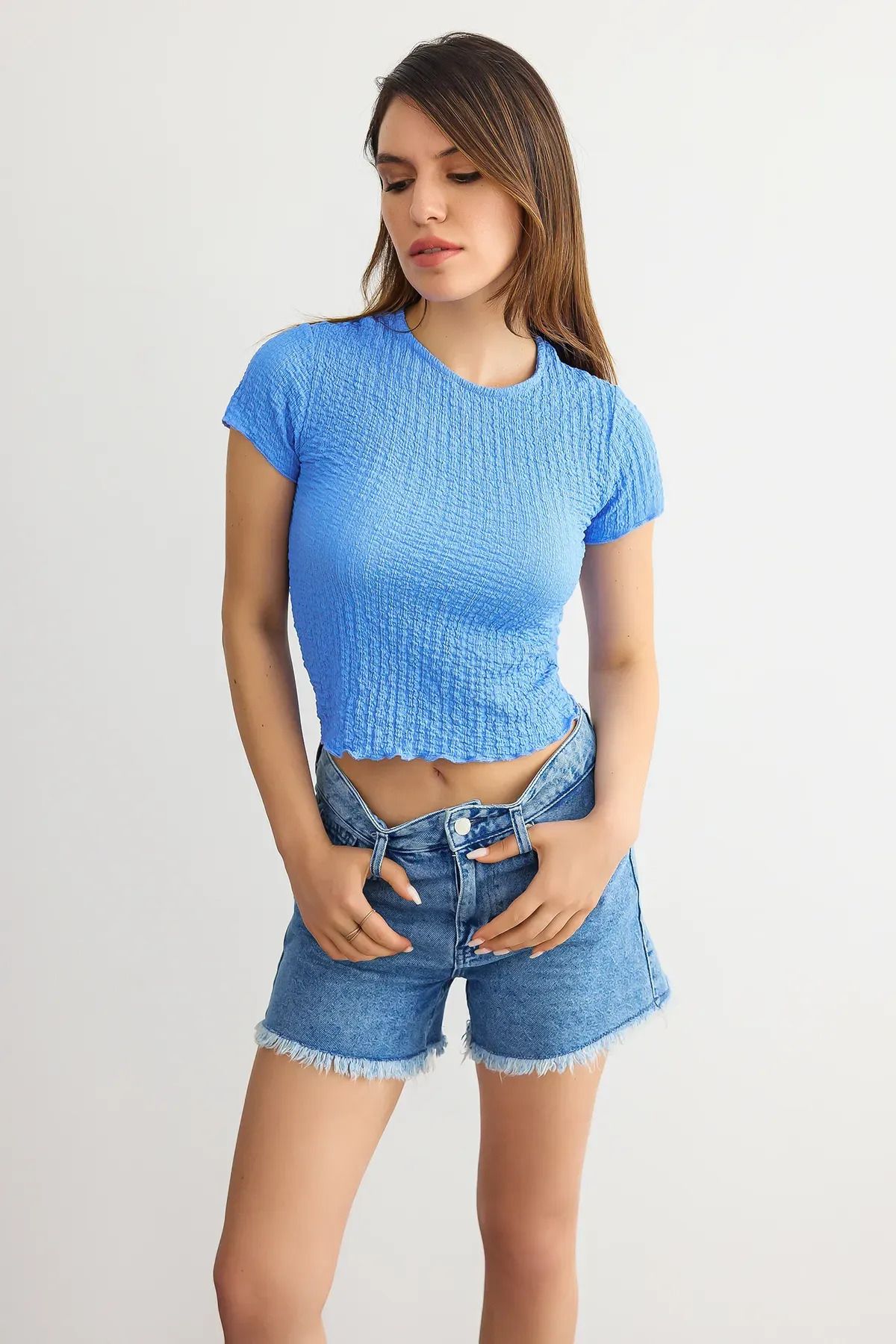 Dokuma Bisiklet Yaka Kısa Kollu Crop Top