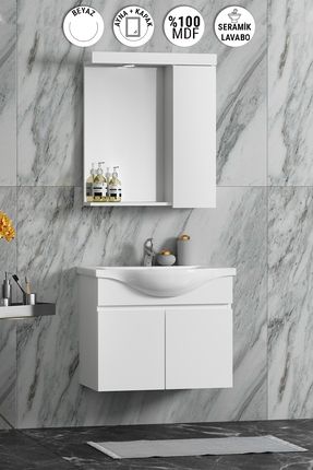 ÖZCEDEN Yıldız 55 cm Beyaz MDF Seramik Lavabolu Asma Banyo Dolabı Takımı