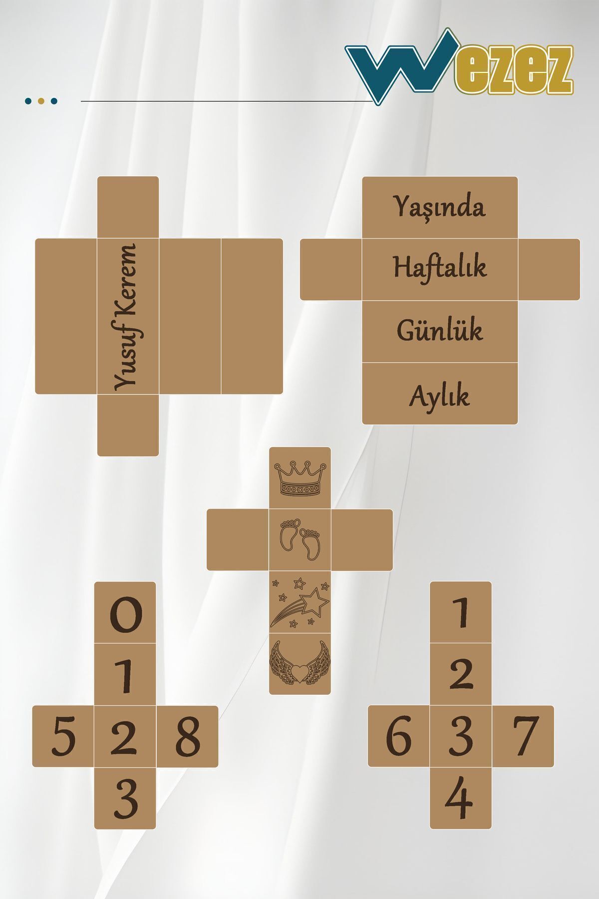 Wezez İsme Özel Anne Bebek 5'li Anı Küpü ve Doğal Keçi Kılı Saç Fırçası Seti - Dekoratif Hatıra Seti fotoğrafı 3 (önizleme)