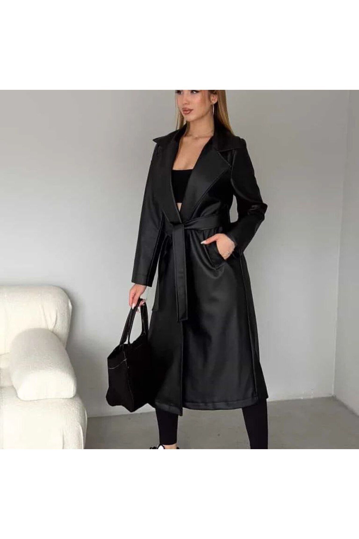 HOZGİYİM-Langer Trenchcoat aus Kunstleder für Damen – mit Gürtel 3