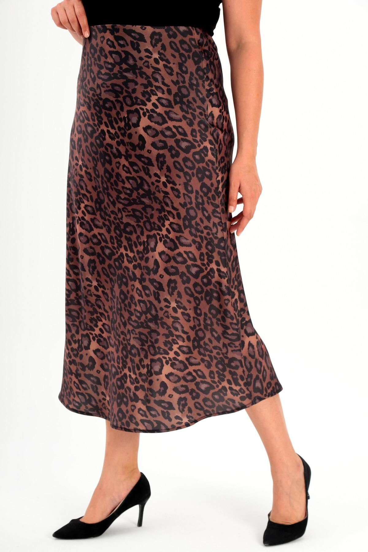 Metpoint-Trend42Plus Plus Size Leopard Patterned Brown Skirt with Elastic Waist 3