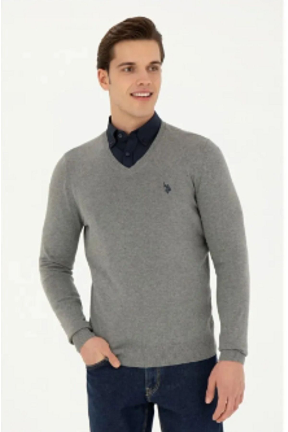 بافت و پلیور مردانه خاکستری یو اس پولوU.S. Polo Assn. | 50275819-VR046 اورجینال - تصویر 3