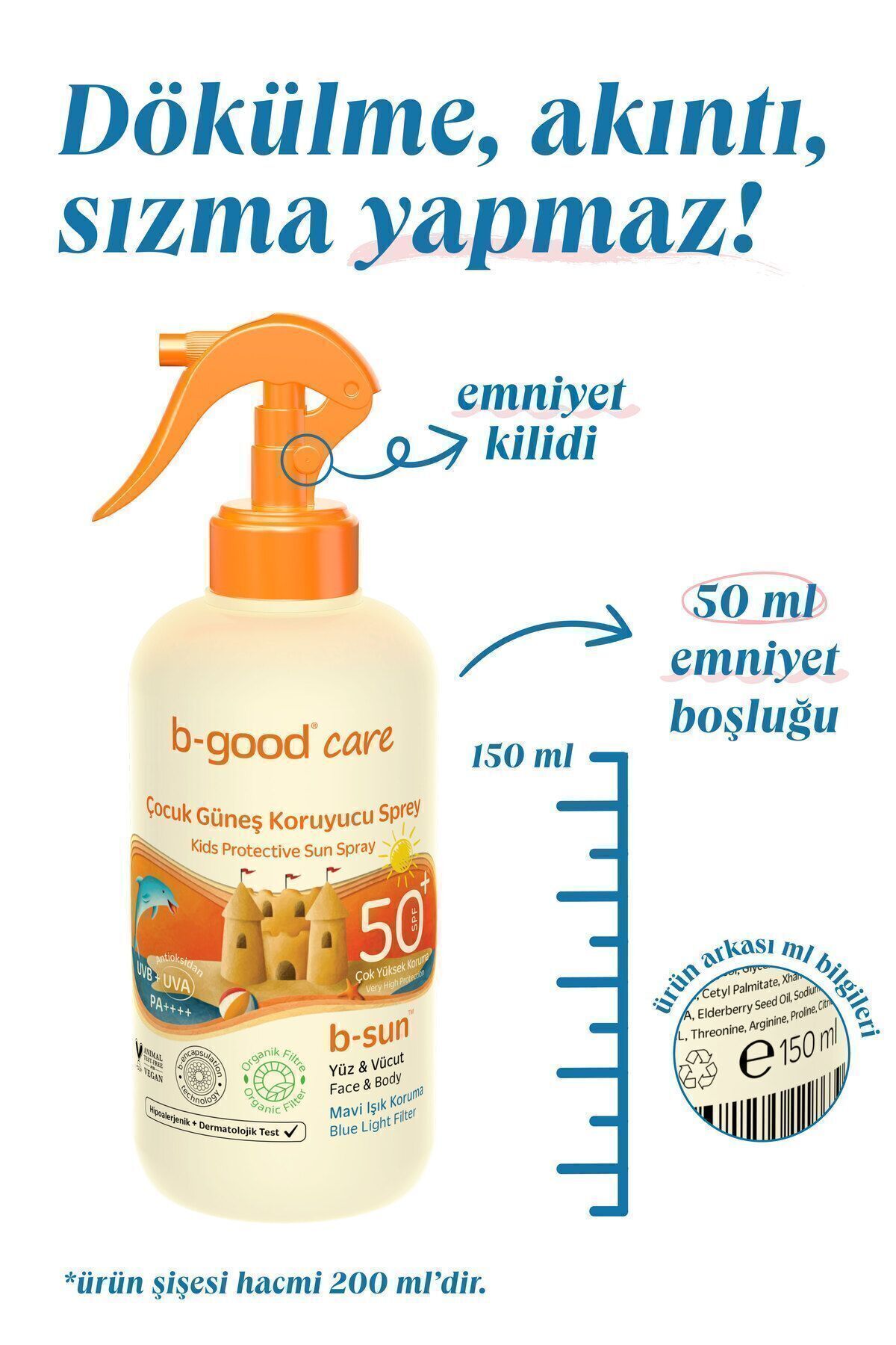 اسپری ضد آفتاب کودک و کودک SPF 50+ برای صورت و بدن 150 میلی لیتر b-good care