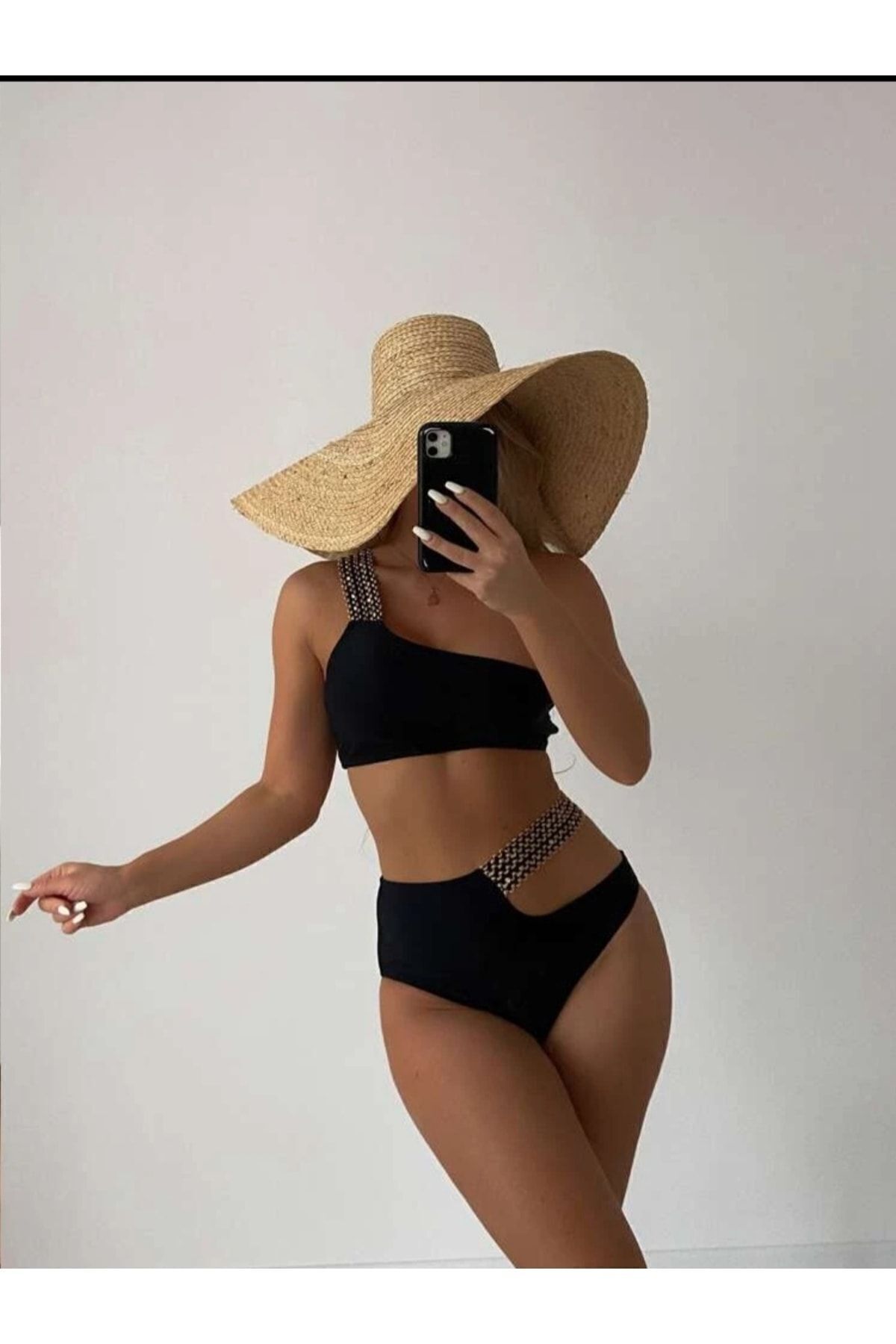 sayina-Set de bikini elegant pentru femei, cu broderie pe un umăr și căptușeală elastică cu talie înaltă - Lurex negru 4