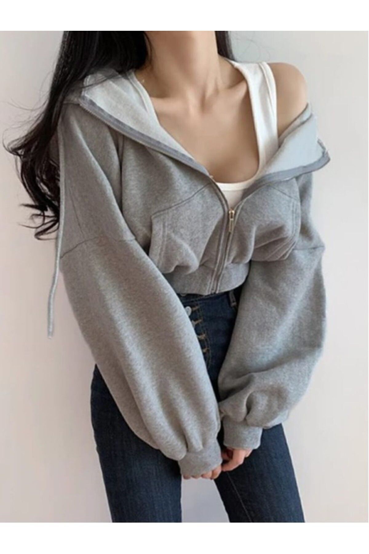 gofeel femme gris zip crop cardigan hooded