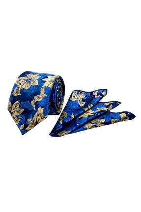 VENCHY Lacivert Gold Çiçek Desen Mendilli Kravat 7710-4mk
